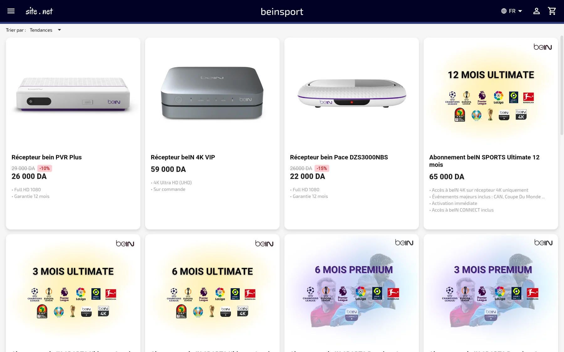 beIN Sports store on desktop: receivers and subscriptions